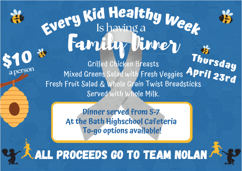 Flyer for dinner image in blue with a gray ribbon through the middle of it.