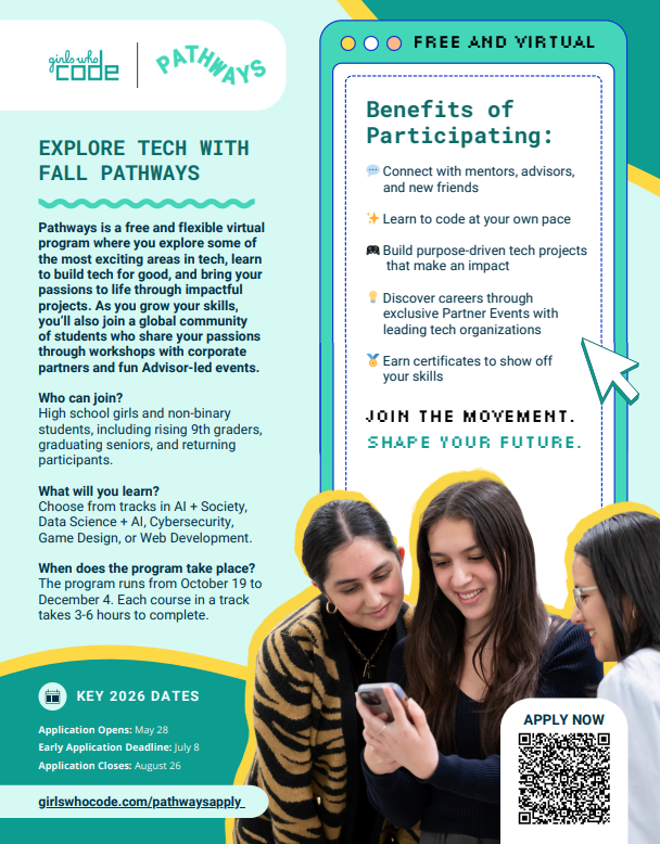 Girls Who Code Pathways Free and Virtual Opportunity for female and nonbinary high school students