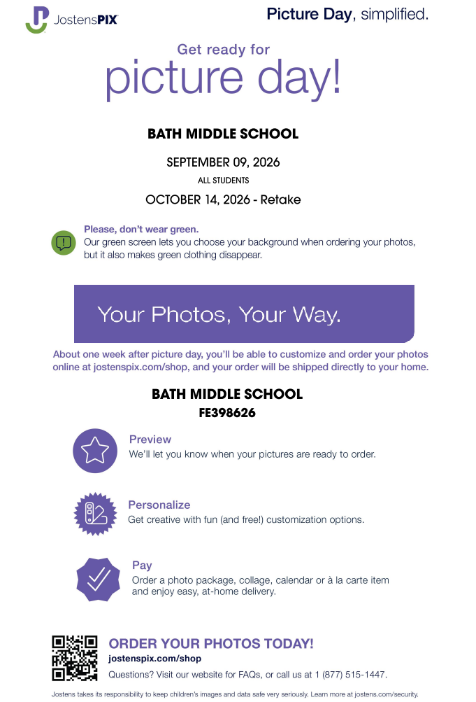 Flyer for picture day with QR code.
