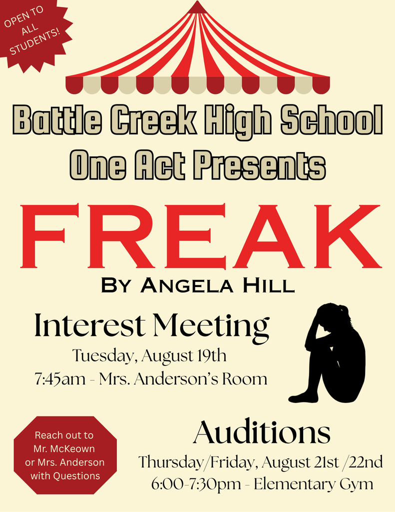 Flyer with the dates, times, and locations of the BCHS One Act Interest Meeting (8/19 @ 7:45am) and Auditions (8/21-22 @ 6:00pm)