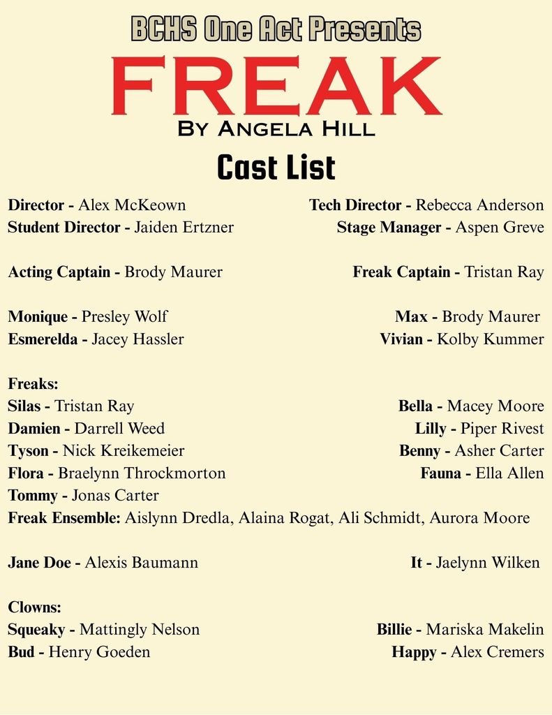 Cast list for BCHS One Act's 2025 Production of "Freak" by Angela Hill