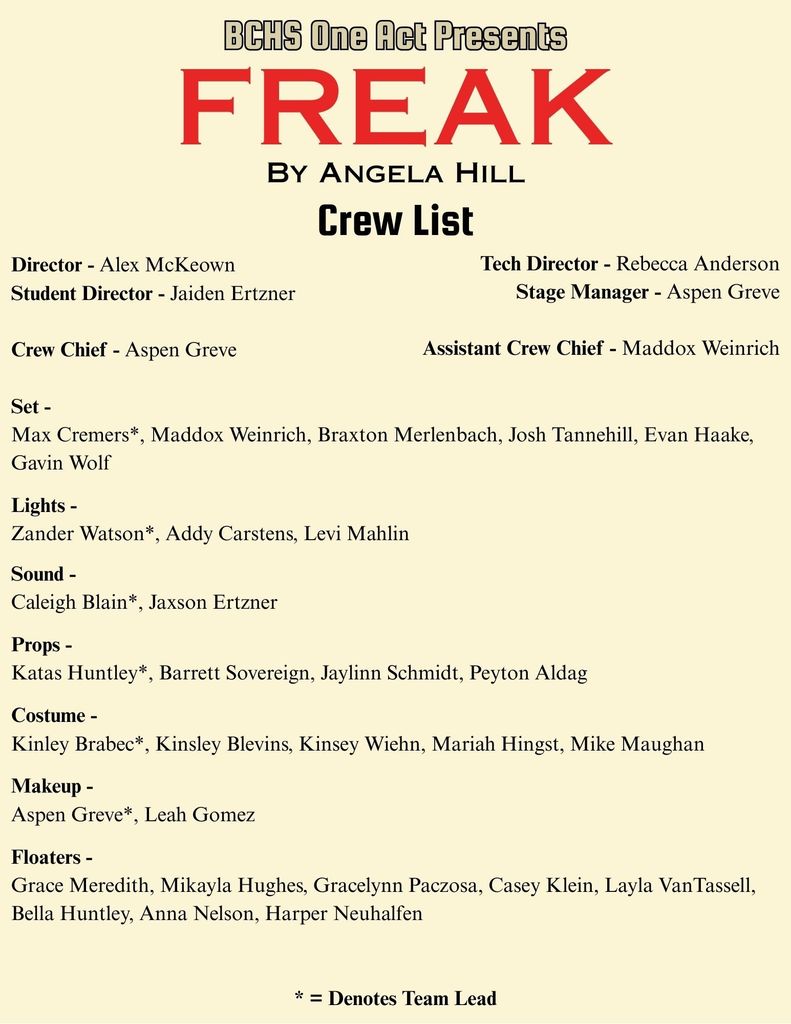 Poster showing the Crew for BCHS One Act's 2025 Show, "Freak"