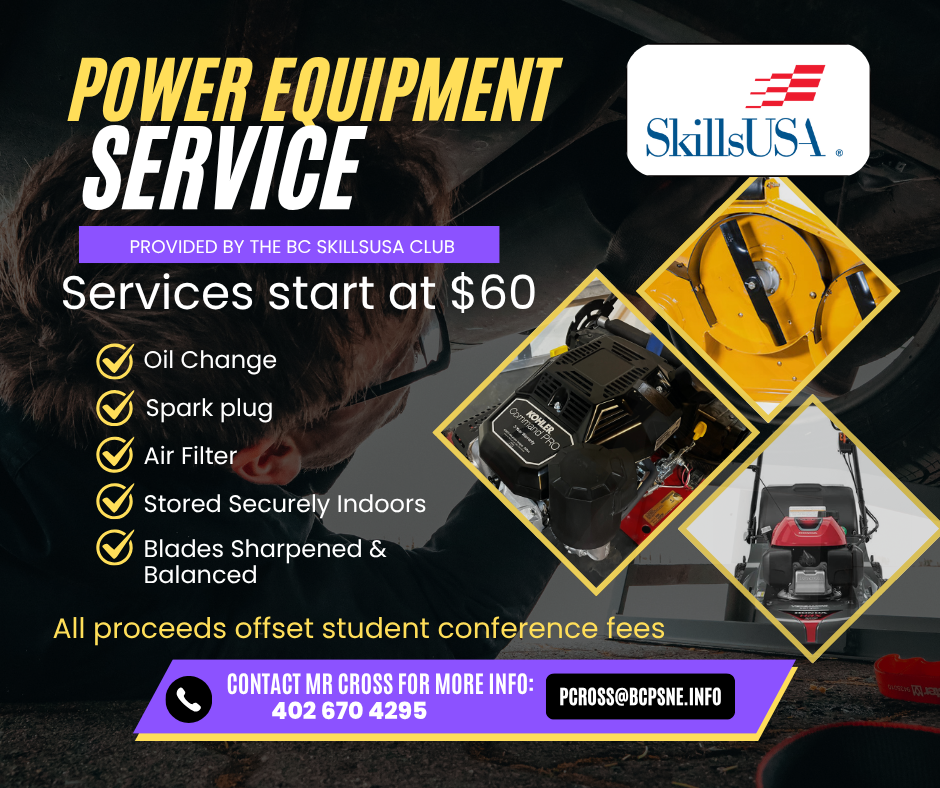 Flyer with information about an having your lawn mower repaired.