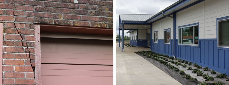 Photos of the old operations building that will be demolished and the new BGVA