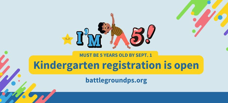 Image of a child with the words "I'm 5!" Must be 5 years old by Sept. 1. Kindergarten registration is open. battlegroundps.org