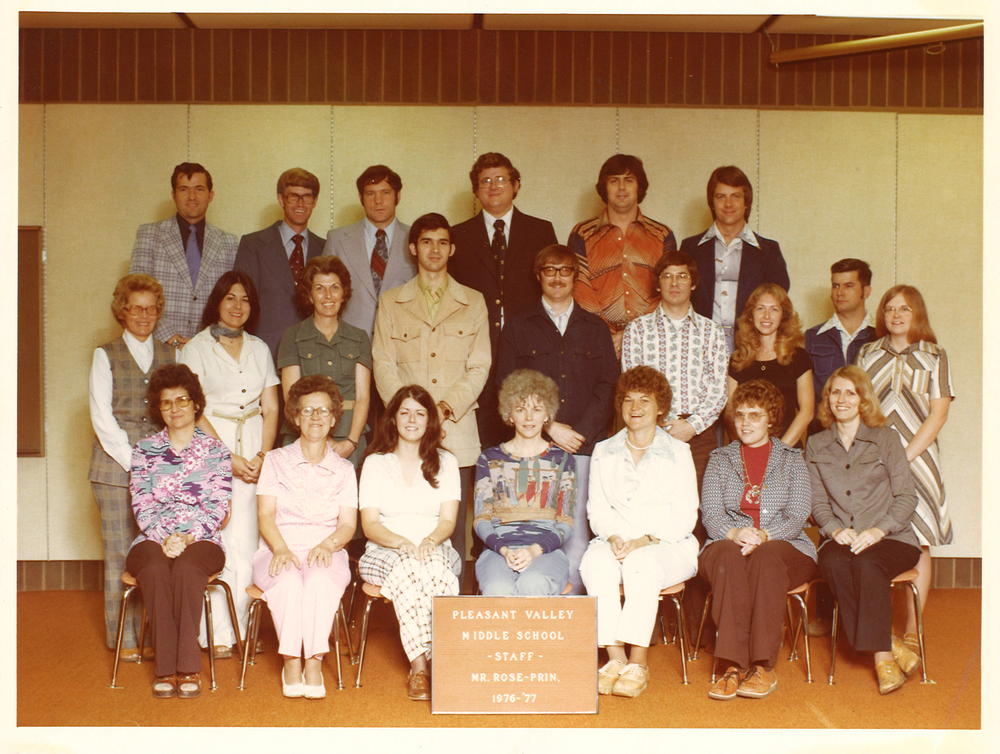 A Pleasant Valley Middle School staff photo from 1976