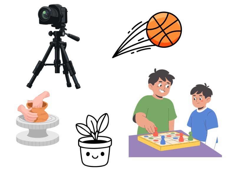 basketball, camera, pot, plant, kids playing a game