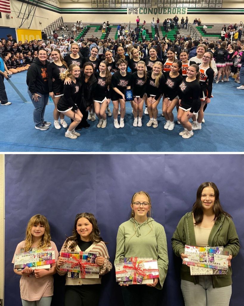 Above: Battle Ground High School's cheer squad. Below: River HomeLink students display their prizes for their award-winning artwork.