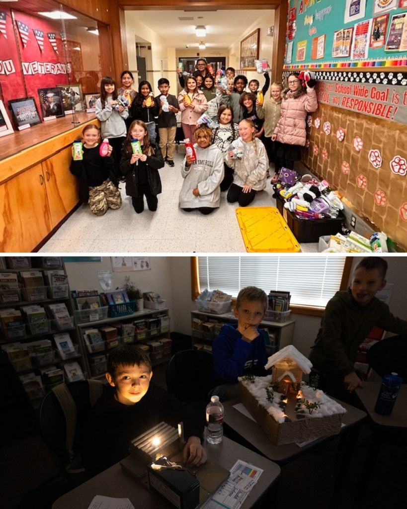 Student demonstrate donated items above. Below, students display their electricity projects.