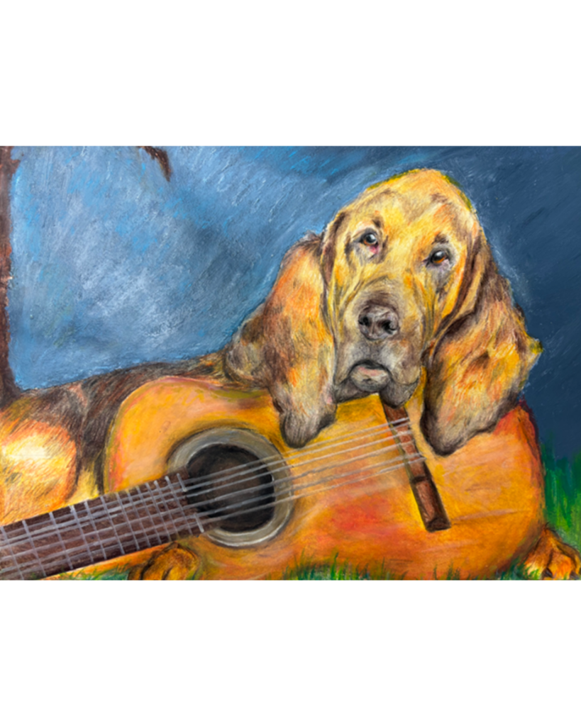 Student artwork of a dog and a guitar