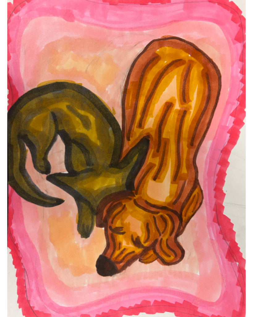 Student artwork of two dogs napping