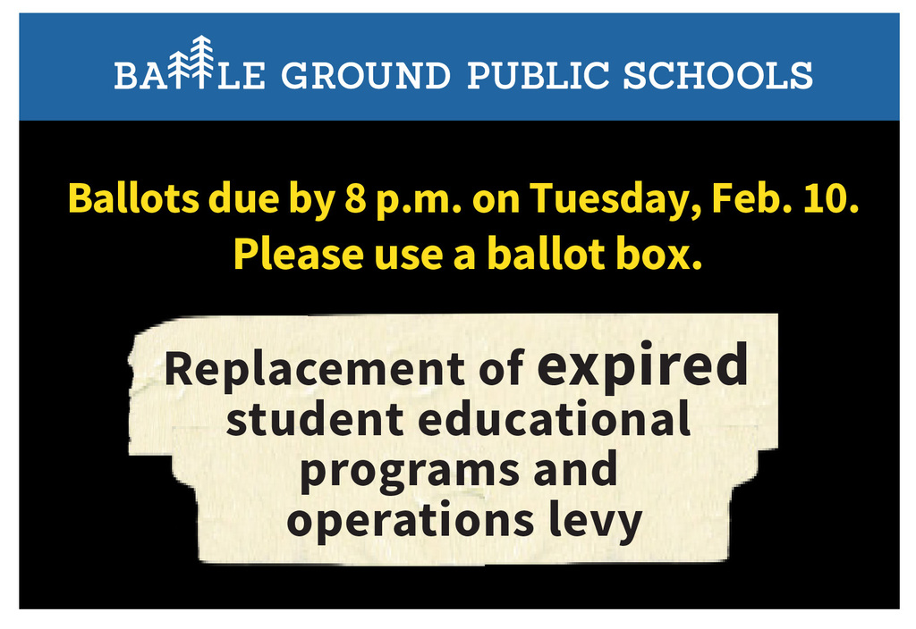 Ballots due by 8 p.m. on Tuesday, Feb. 10. Use a ballot box. Replacement of expired student educational programs and operations levy.