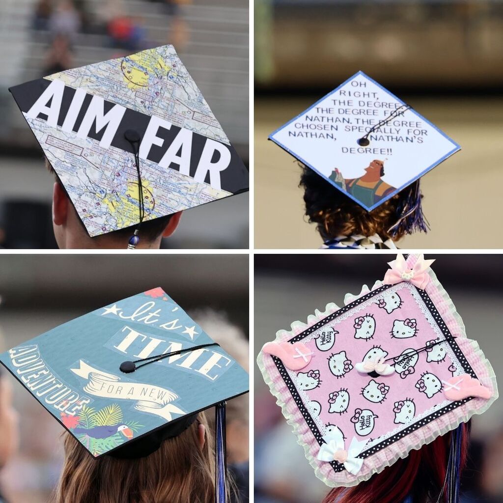 A collection of grad caps with messages expressing students' plans for their future, whimsy and optimsim