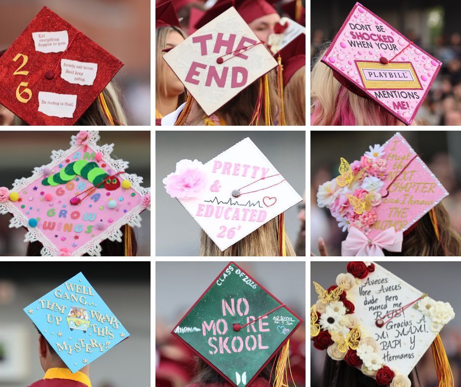 A collage of grad caps showcasing creativity and optimism for the future.