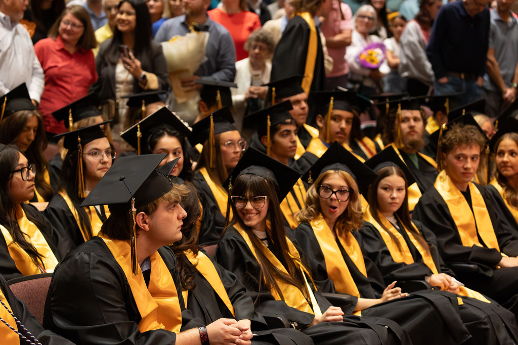 A group of BGVA grads sitting in their chairs wearing their black gown and gold sash