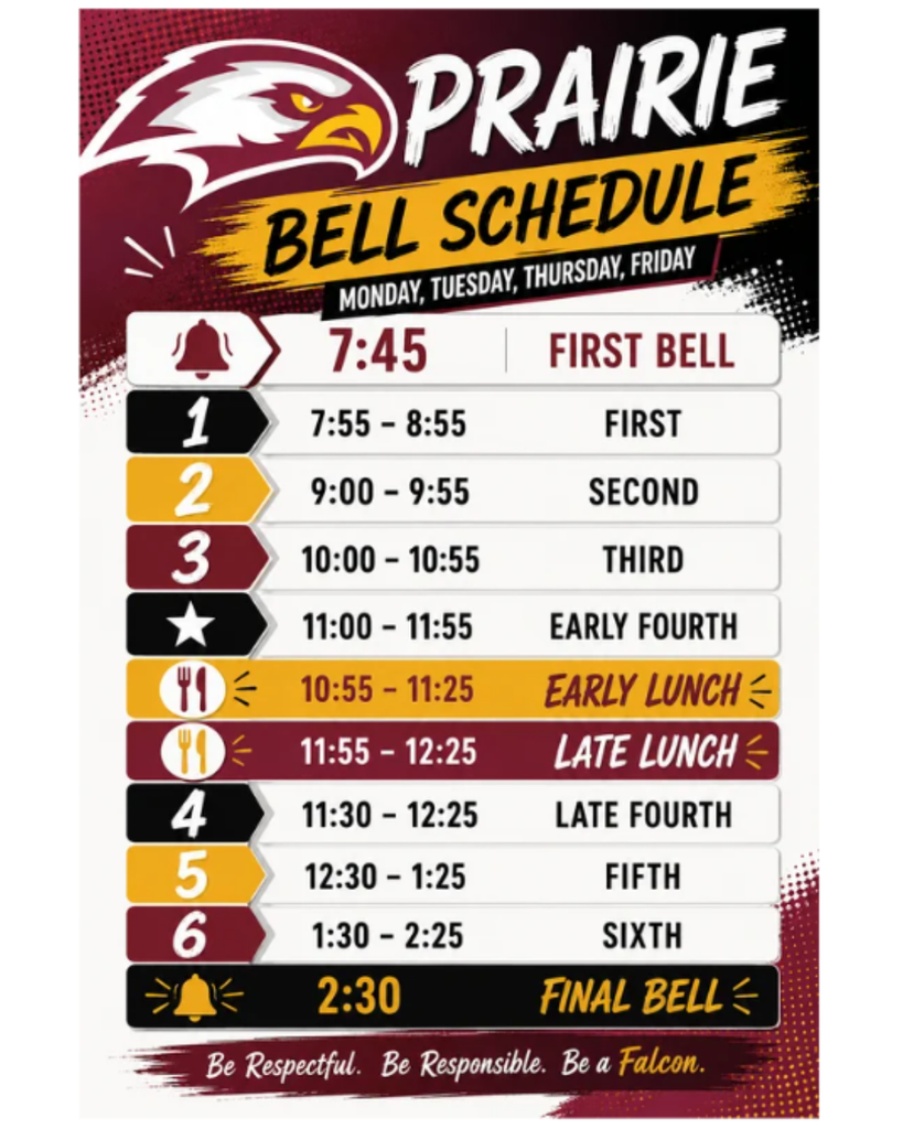 Prairie High School regular bell schedule for Monday, Tuesday, Thursday, and Friday. First bell is at 7:45 a.m. Periods are: 1st, 7:55–8:55; 2nd, 9:00–9:55; 3rd, 10:00–10:55; early 4th, 11:00–11:55; early lunch, 10:55–11:25; late lunch, 11:55–12:25; late 4th, 11:30–12:25; 5th, 12:30–1:25; and 6th, 1:30–2:25. Final bell is at 2:30 p.m. The flyer ends with the message, “Be Respectful. Be Responsible. Be a Falcon.”