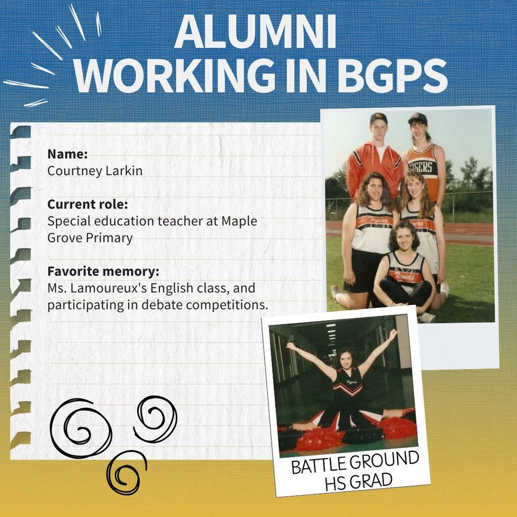 Profile of a Battle Ground alum who is now working for the district. Name:  Courtney Larkin  Current role:  Special education teacher at Maple Grove Primary  Favorite memory: Ms. Lamoureux's English class, and participating in debate competitions.