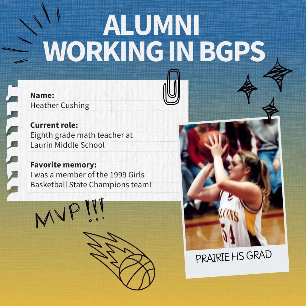 Profile of a Battle Ground alum who is now working for the district. Name:  Heather Cushing  Current role:  Eighth grade math teacher at Laurin Middle School  Favorite memory: I was a member of the 1999 Girls Basketball State Champions team!