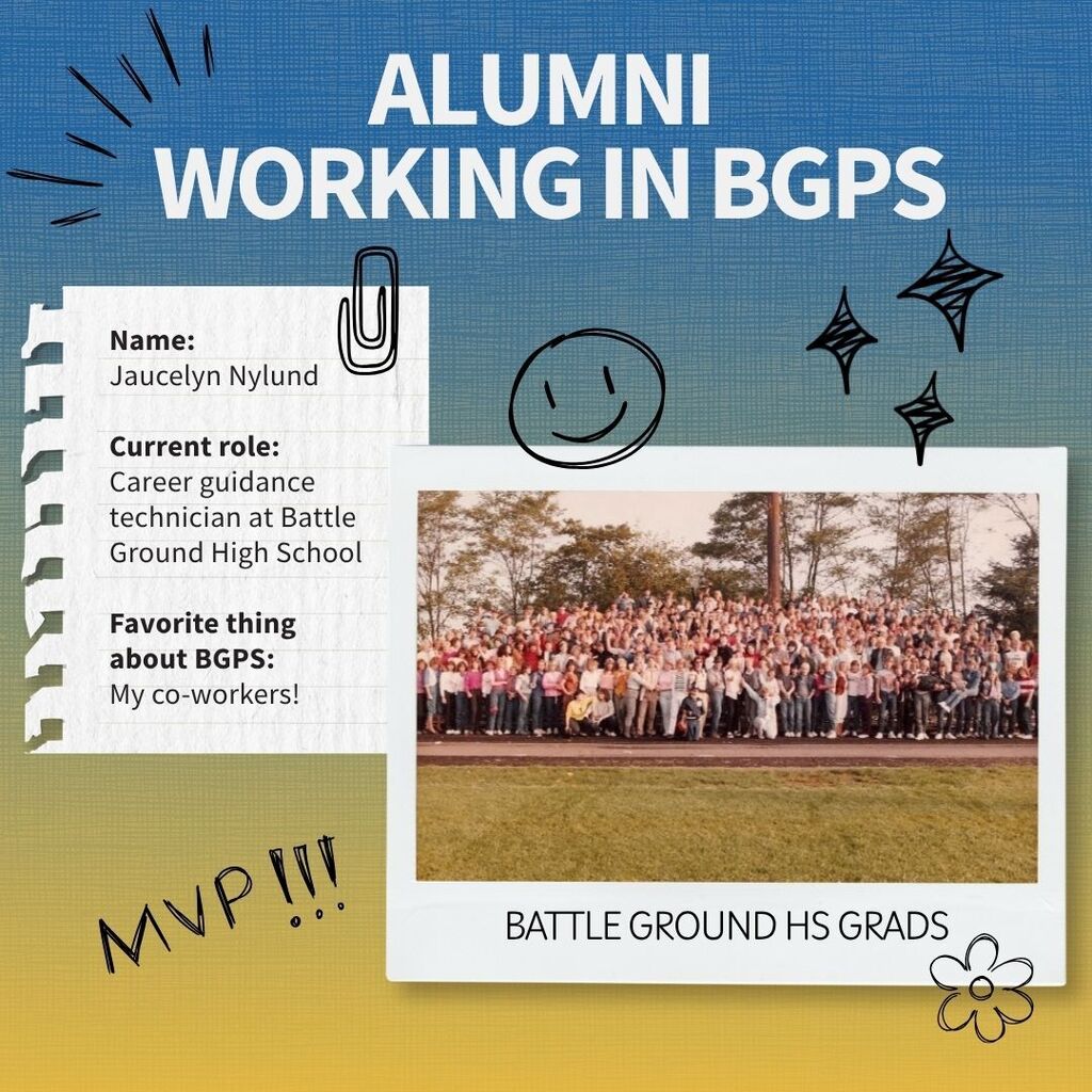 Profile of a Battle Ground alum who is now working for the district. Name:  Jaucelyn Nylund  Current role:  Career guidance technician at Battle Ground High School  Favorite thing about BGPS: My co-workers!