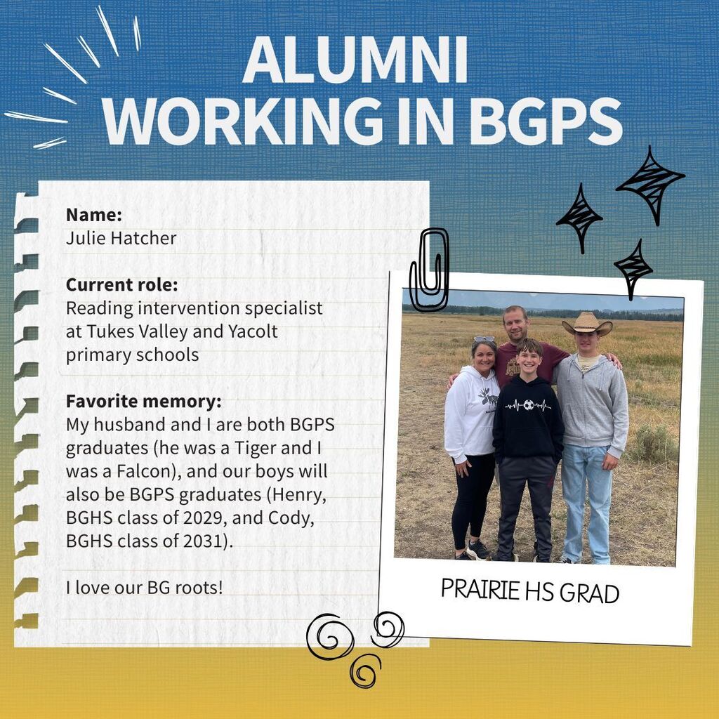 Profile of a Battle Ground alum who is now working for the district. Name:  Julie Hatcher  Current role:  Reading intervention specialist  at Tukes Valley and Yacolt  primary schools  Favorite memory: My husband and I are both BGPS graduates (he was a Tiger and I was a Falcon), and our boys will also be BGPS graduates (Henry, BGHS class of 2029, and Cody, BGHS class of 2031).    I love our BG roots!
