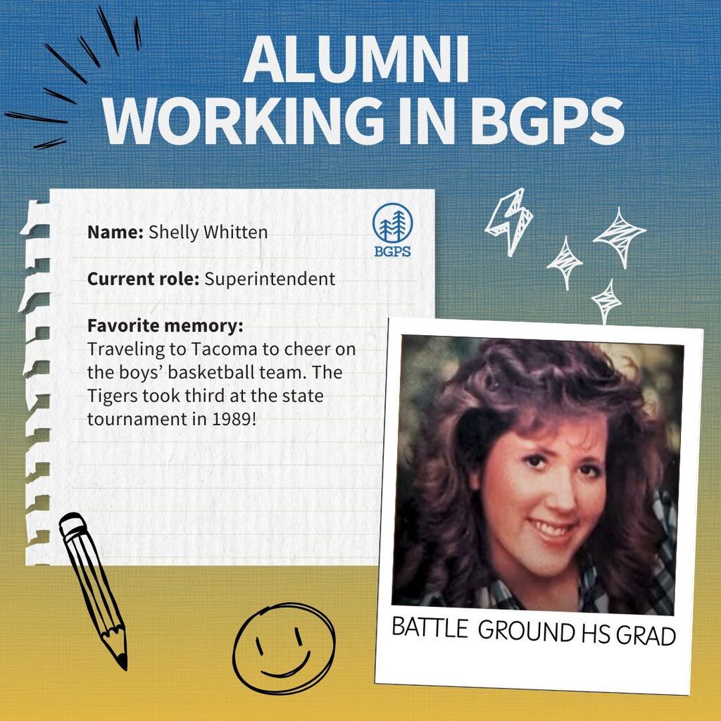 Profile of a Battle Ground alum who is now working for the district. Name: Shelly Whitten  Current role: Superintendent  Favorite memory: Traveling to Tacoma to cheer on the boys’ basketball team. The Tigers took third at the state tournament in 1989!