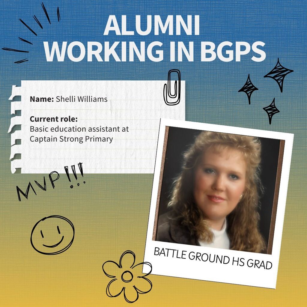 Profile of a Battle Ground alum who is now working for the district. Name: Shelli Williams  Current role:  Basic education assistant at Captain Strong Primary