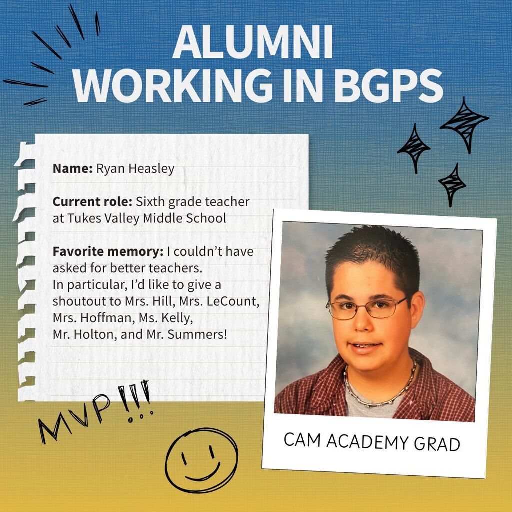 Profile of a Battle Ground alum who is now working for the district. Name: Ryan Heasley  Current role: Sixth grade teacher at Tukes Valley Middle School  Favorite memory: I couldn’t have asked for better teachers.  In particular, I’d like to give a shoutout to Mrs. Hill, Mrs. LeCount,  Mrs. Hoffman, Ms. Kelly,  Mr. Holton, and Mr. Summers!