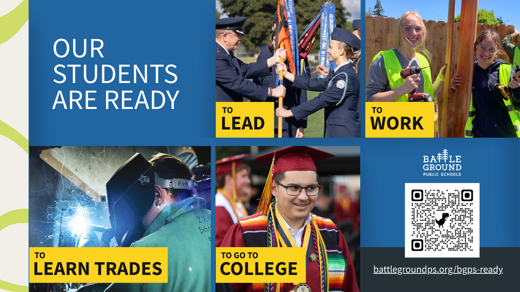 Promotional graphic for Battle Ground Public Schools reading “Our students are ready,” with four student photos highlighting pathways: “to lead,” showing a student in uniform receiving a flag; “to work,” showing students using power tools on a construction project; “to learn trades,” showing a student welding; and “to go to college,” showing a graduate in cap and gown. The Battle Ground Public Schools logo, a QR code, and the URL battlegroundps.org/bgps-ready appear at the bottom right.