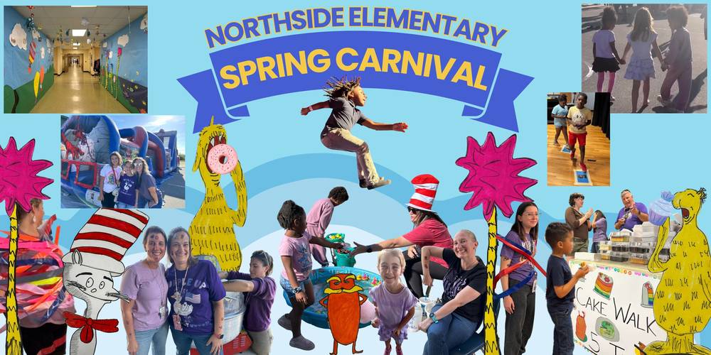 blue background with various hand drawn Dr. Seuss characters along with photos from the carnival including staff and students