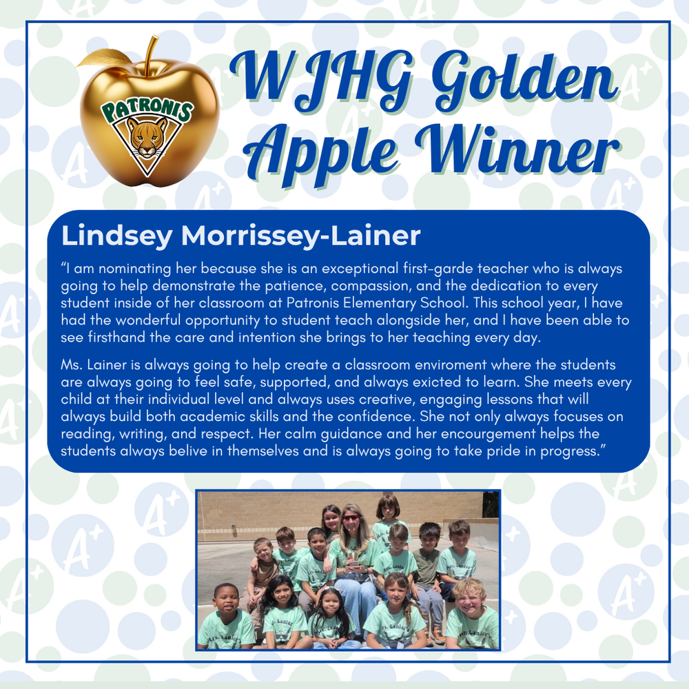 A graphic titled "WJHG Golden Apple Winner" with Lindsey Morrissey-Lanier identified as the winner. Also includes a group picture of students with their teacher in green shirts.