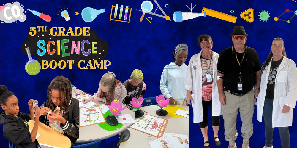 blue background with science symbols and students working at tables on experiments next to three teachers dressed in science coats