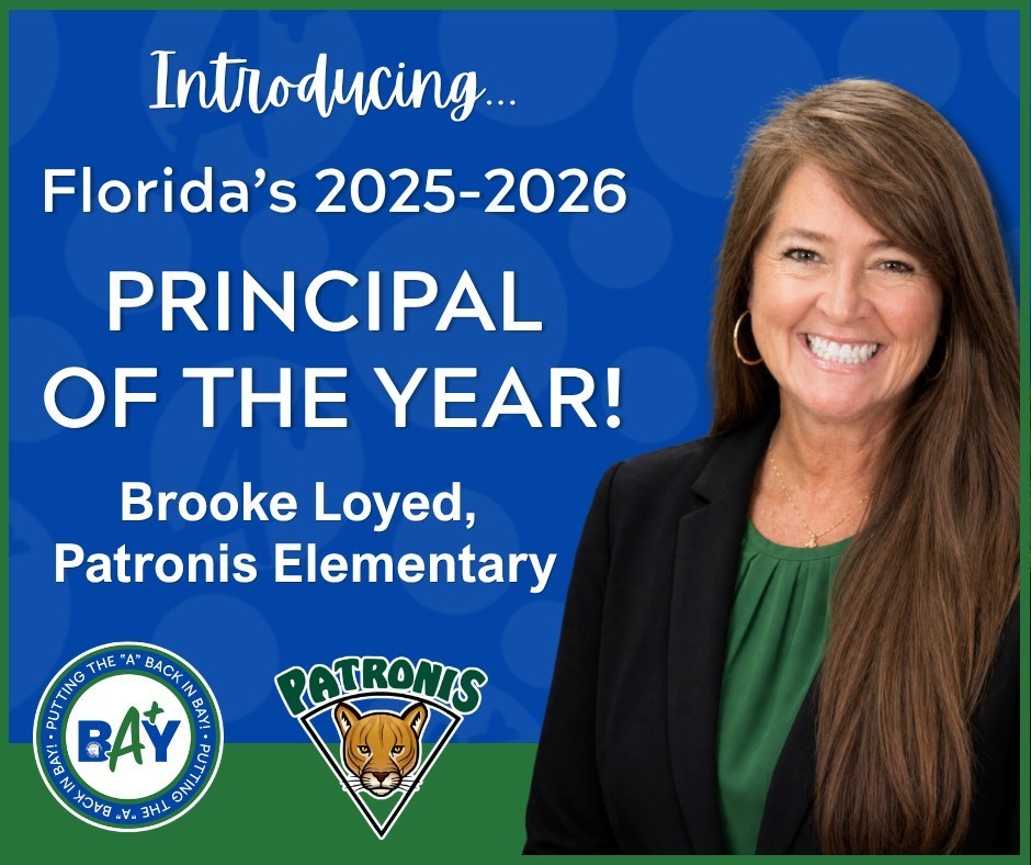 A picture of a woman in black and green and text that reads "Introducing Florida's 2025-2026 Principal of the Year! Brooke Loyed, Patronis Elementary"
