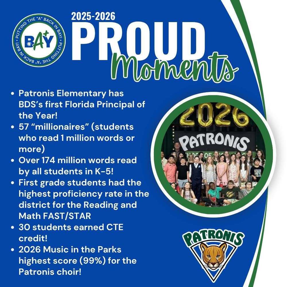 A blue and green graphic with words and a circle with a picture of students 