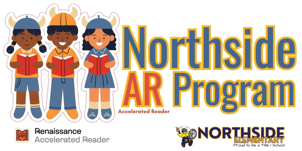 Children wearing viking hats reading with text "Northside AR Program"