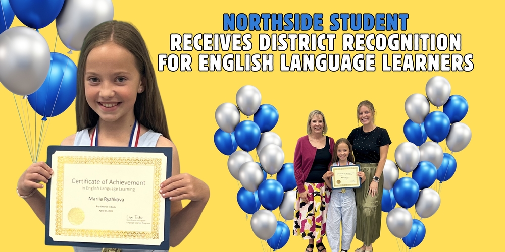 yellow background with student holding certificate and student with two teachers