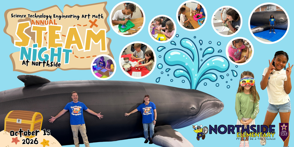 blue background with whale and photos of kids doing science stations