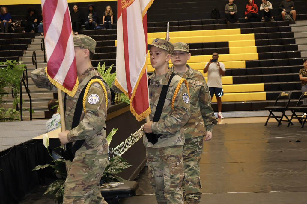 Air Force JROTC Cadets present the colors for the Pledge of Allegiance