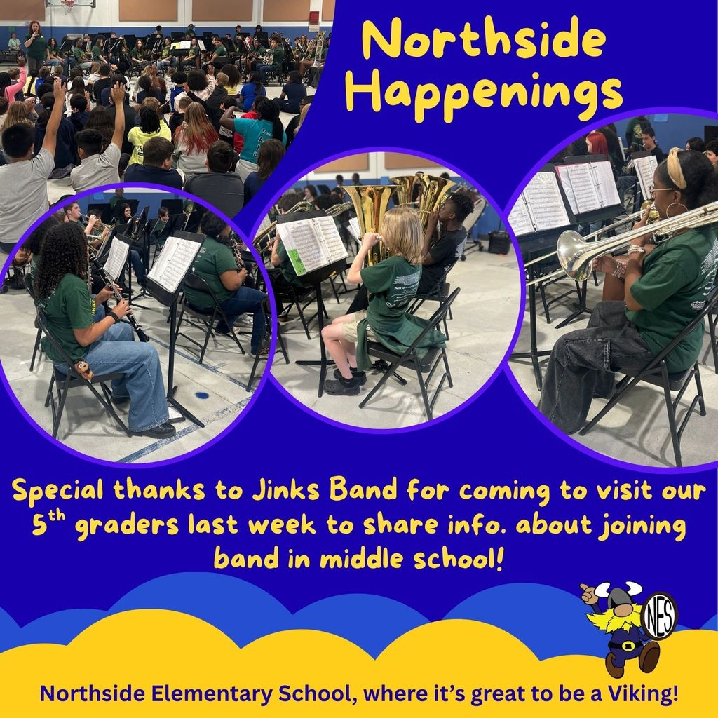 Students raising their hands in front of a band and images of middle school students playing instruments on a blue background