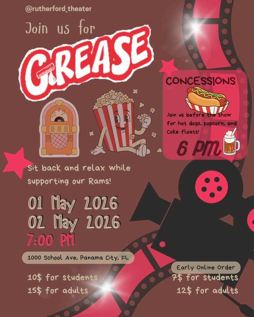 Flyer advertising the upcoming production of Grease May 1 & 2 at 7pm at Rutherford Auditorium