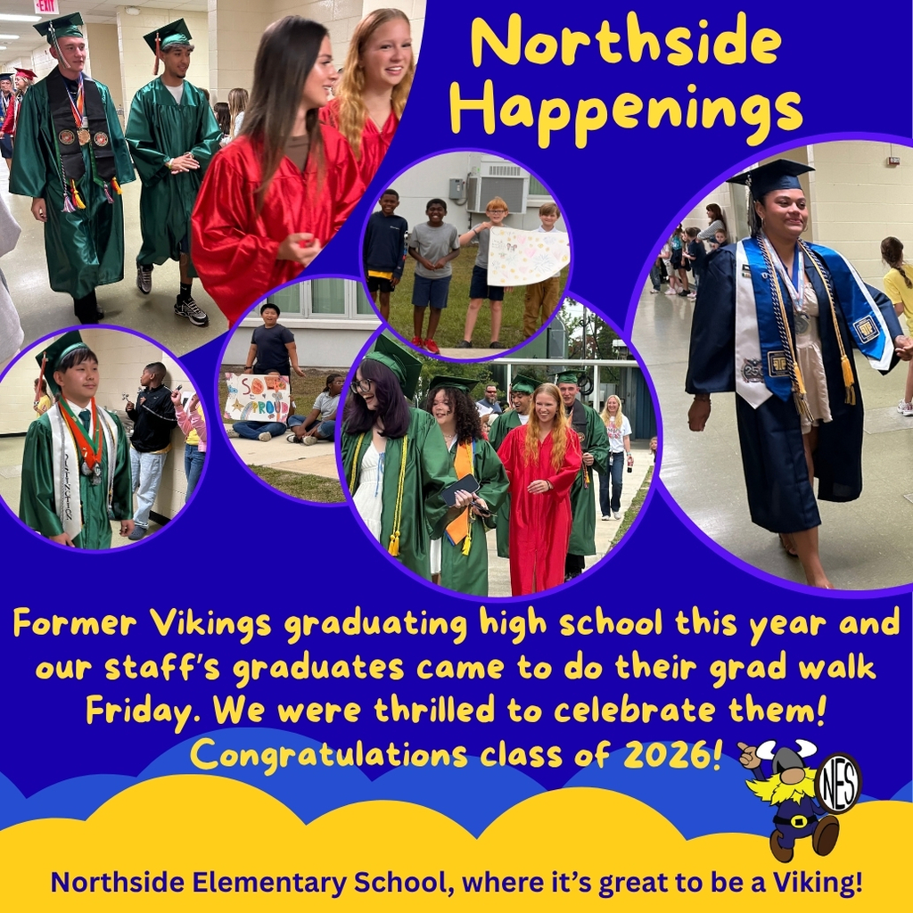 blue background with yellow accents and photos of high schoolers in caps and gowns walking through the school