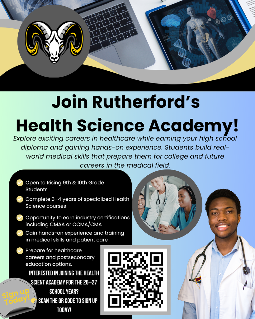 Flyer advertising Rutherford's Health Science Academy with QR code to scan and apply.