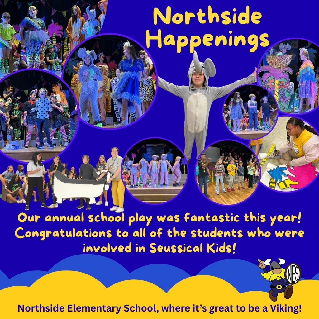 Blue and yellow background with viking logo. Photos of children in Seussical play.