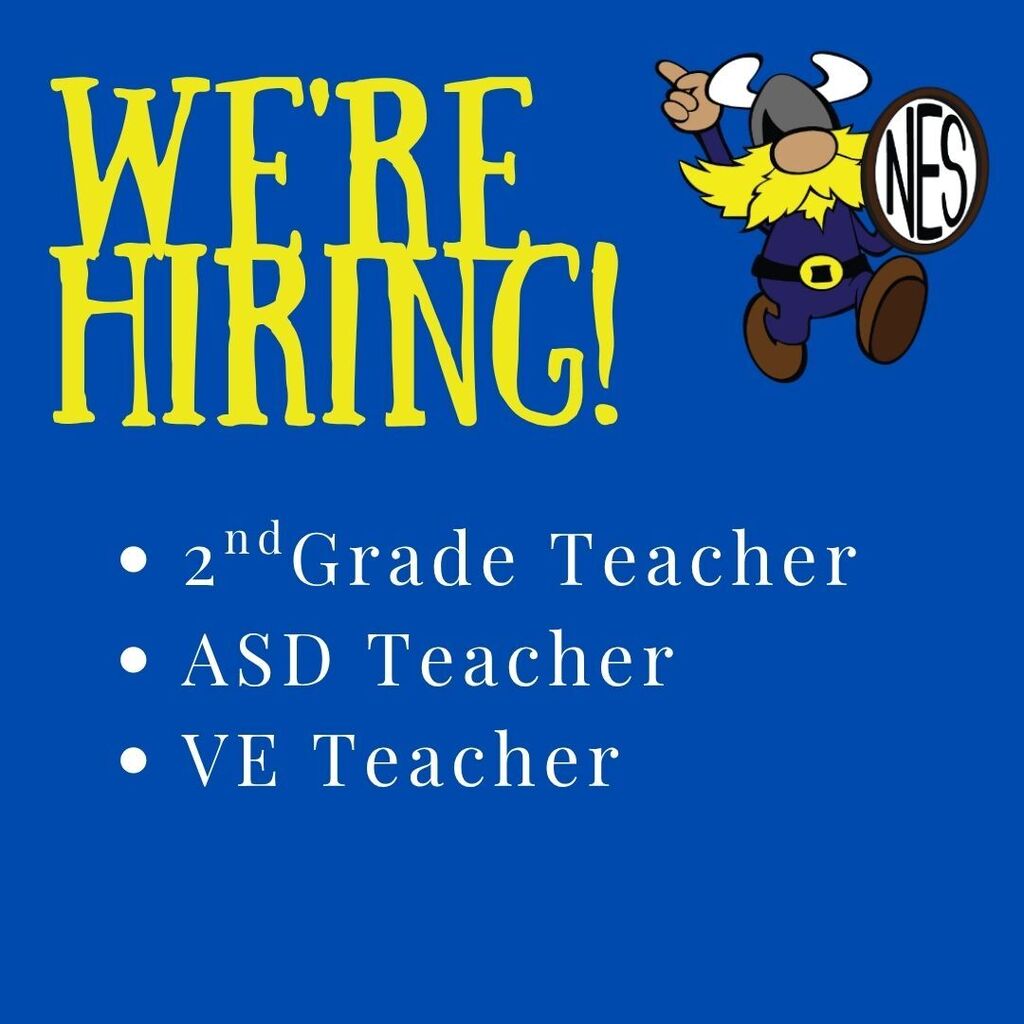 blue background with yellow writing: We're Hiring
