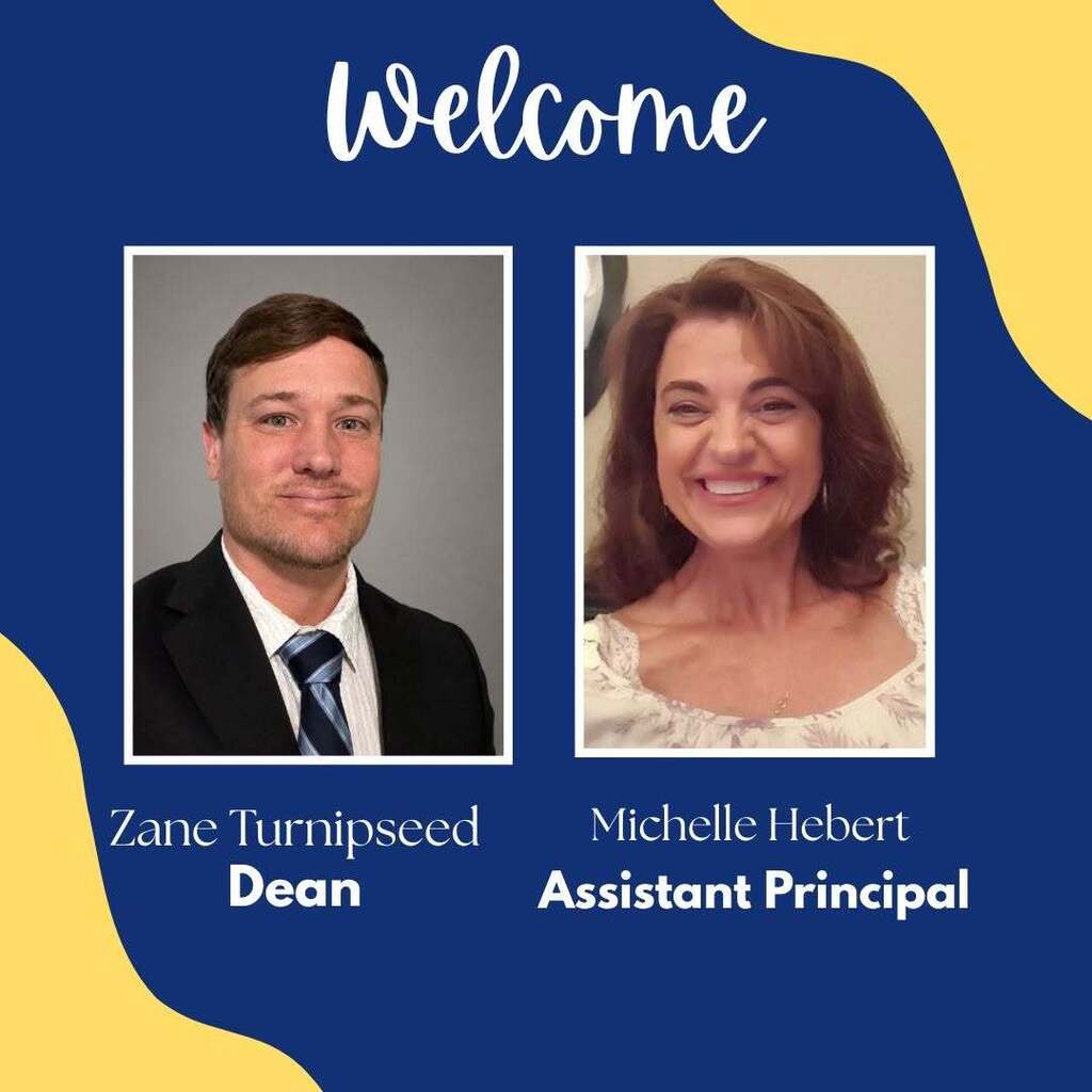Blue background with a picture of Mr. Turnipseed and Mrs. Hebert