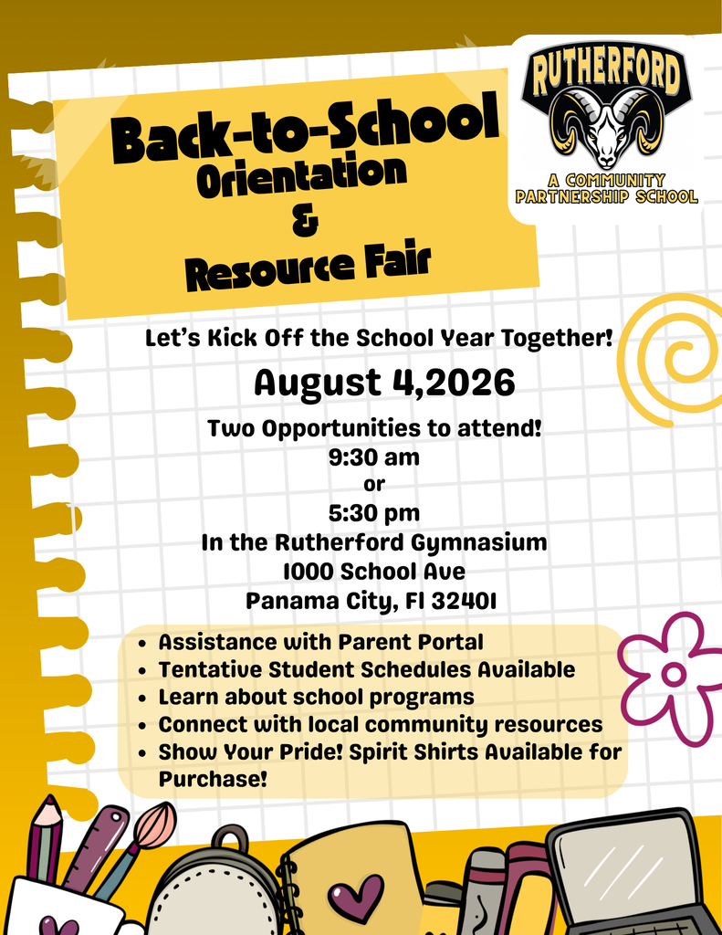 Flyer advertising Rutherford Orientation on Tuesday, August 4, 2026 at 9:30am or 5:30pm