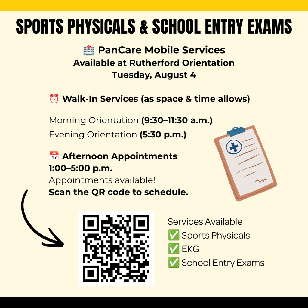 Flyer advertising school entry exams and sports physicals at Rutherford Orientation August 4.