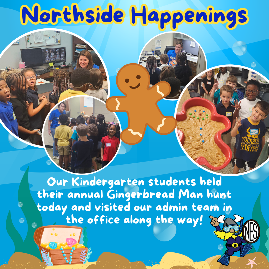 blue background underwater with bubbles and photos of kindergarten students with administrators and a gingerbread man