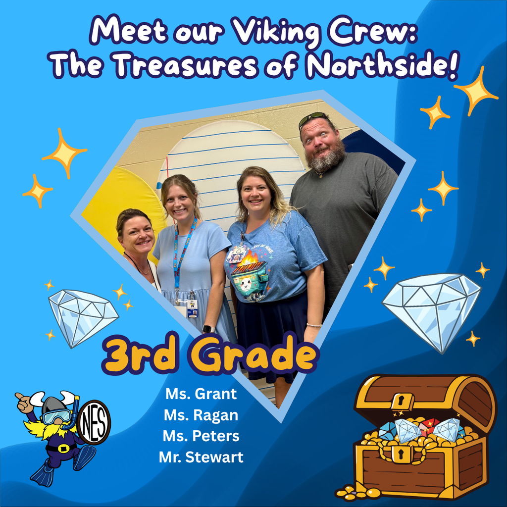 Blue background with diamonds and treasure chest with photo of teachers