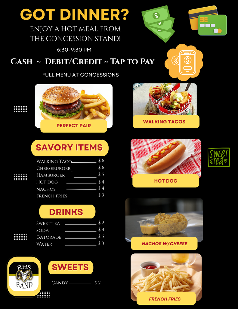 Flyer advertising concessions for sale at football game this Friday
