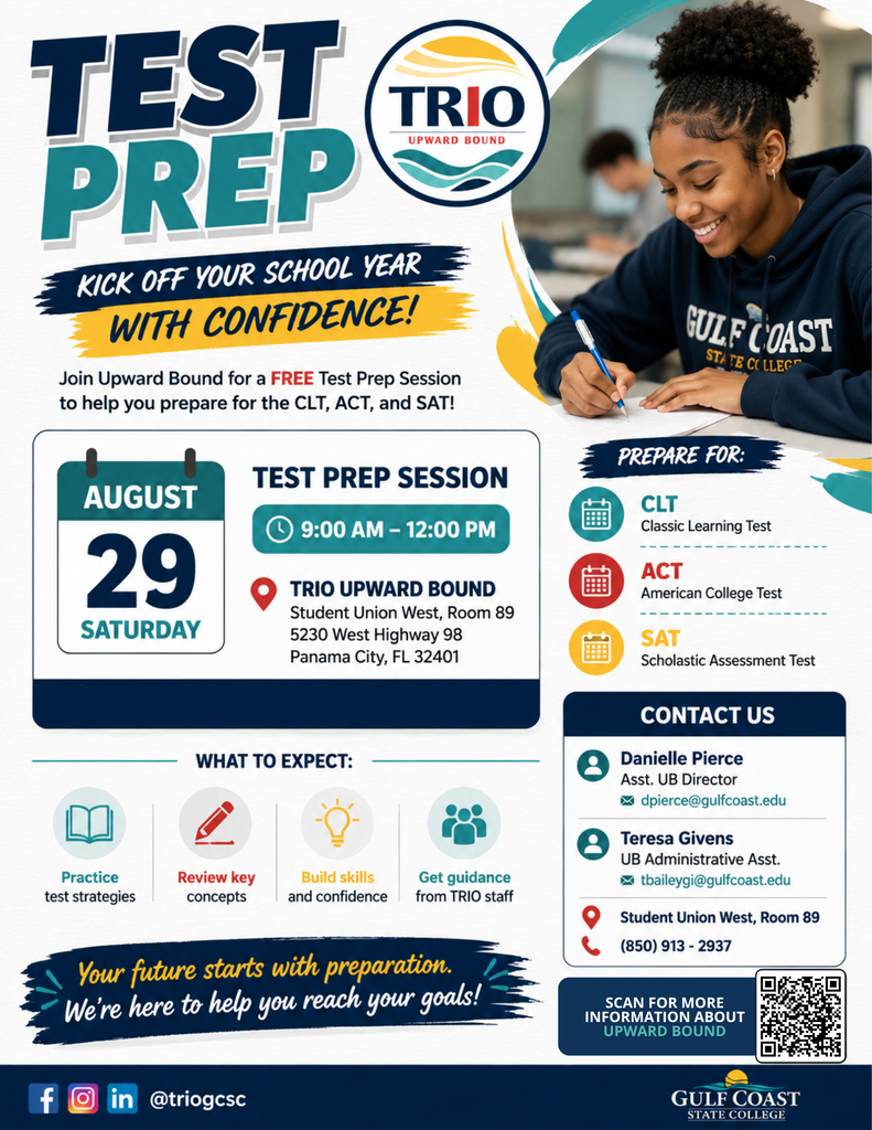 Flyer advertising free test prep session at Gulf Coast Aug 29, 9a-12p